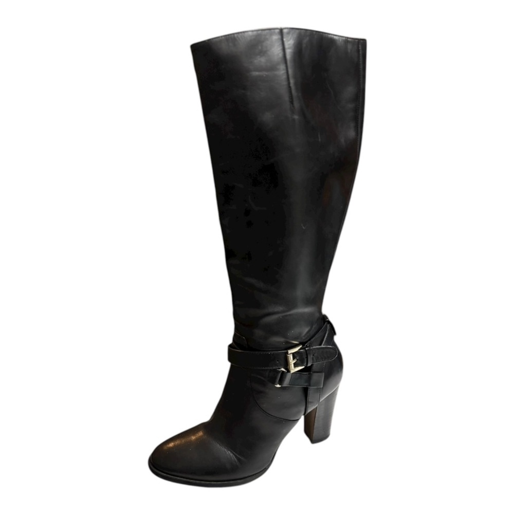 Tommy Hilfiger Black Leather Knee-High Boots Size 8 Women’s Heeled Boots Buckle